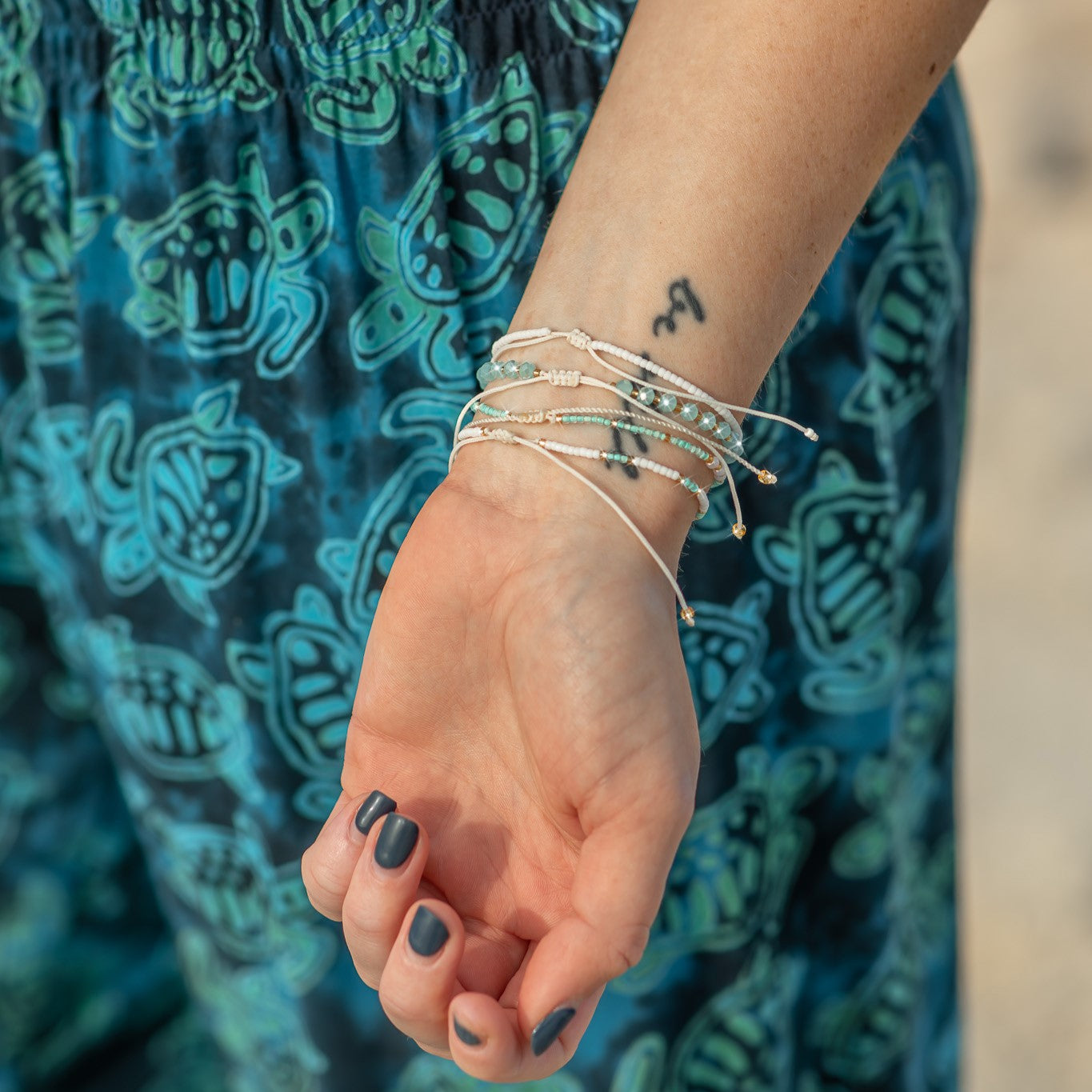 Aqua and White Beaded String Bracelet